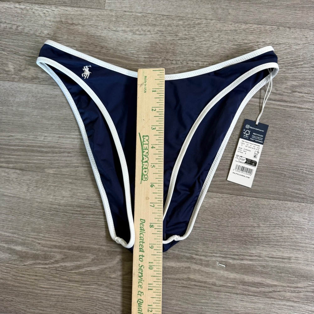 Polo Ralph Lauren Womens Navy Blue High Cut Bikini Bottom White Trim NWT Size S - Picture 4 of 9